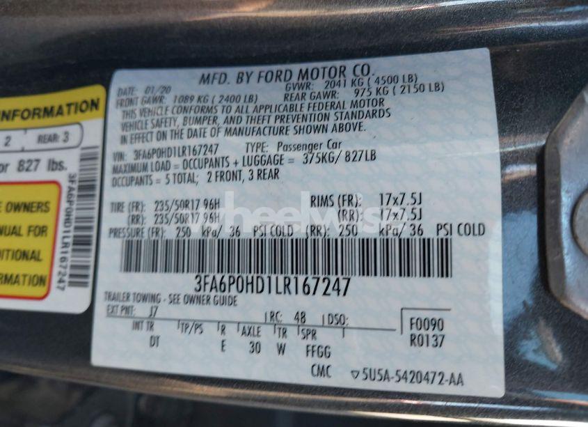 Photo 9 of 2020 Ford Fusion SE (VIN 3FA6P0HD1LR167247)