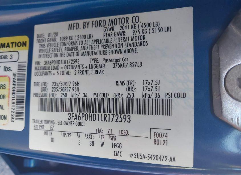 Photo 9 of 2020 Ford Fusion SE (VIN 3FA6P0HD1LR172593)