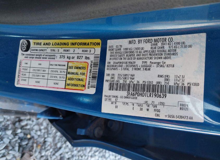 Photo 9 of 2020 Ford Fusion SE (VIN 3FA6P0HD1LR190639)