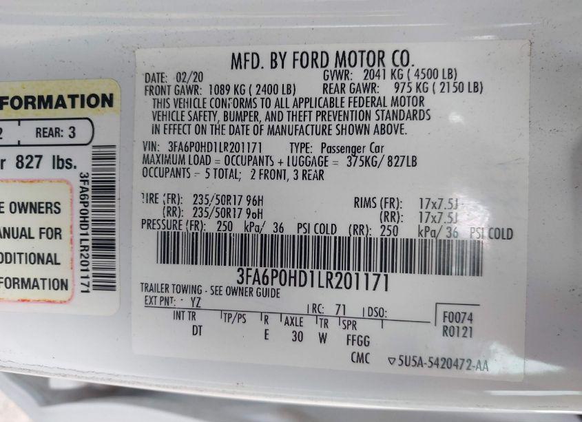 Photo 9 of 2020 Ford Fusion SE (VIN 3FA6P0HD1LR201171)