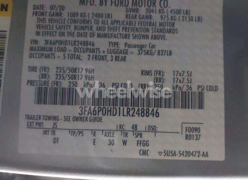 Photo 9 of 2020 Ford Fusion SE (VIN 3FA6P0HD1LR248846)