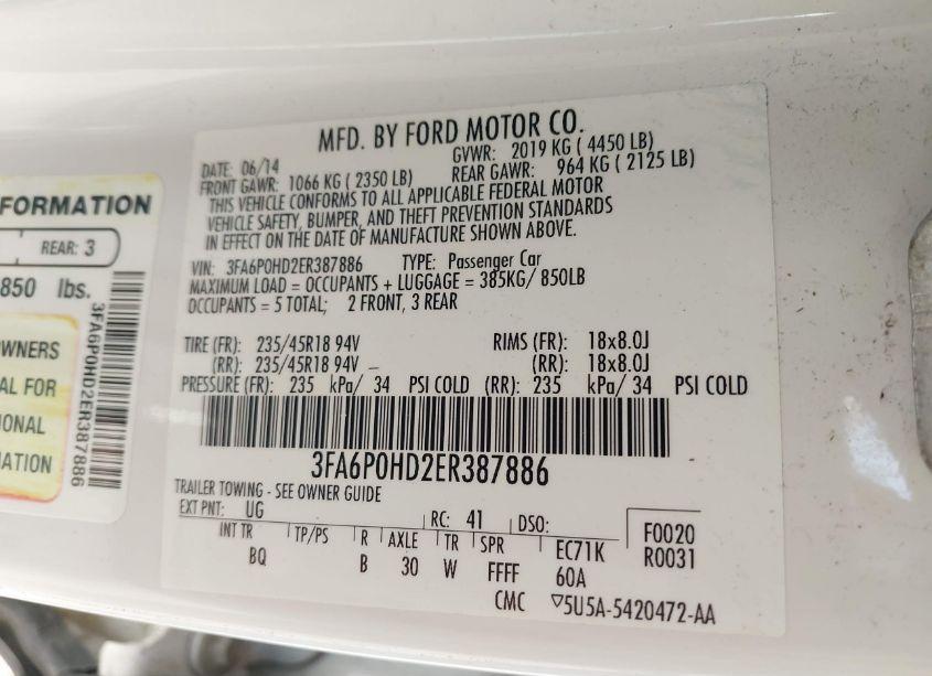 Photo 9 of 2014 Ford Fusion SE (VIN 3FA6P0HD2ER387886)