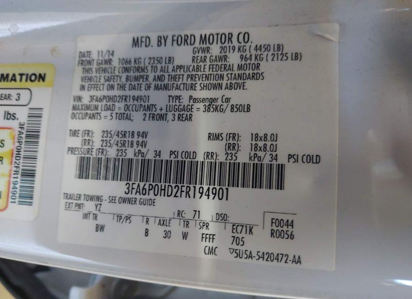 Photo 9 of 2015 Ford Fusion SE (VIN 3FA6P0HD2FR194901)