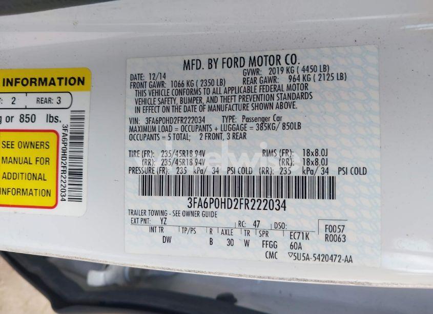 Photo 9 of 2015 Ford Fusion SE (VIN 3FA6P0HD2FR222034)