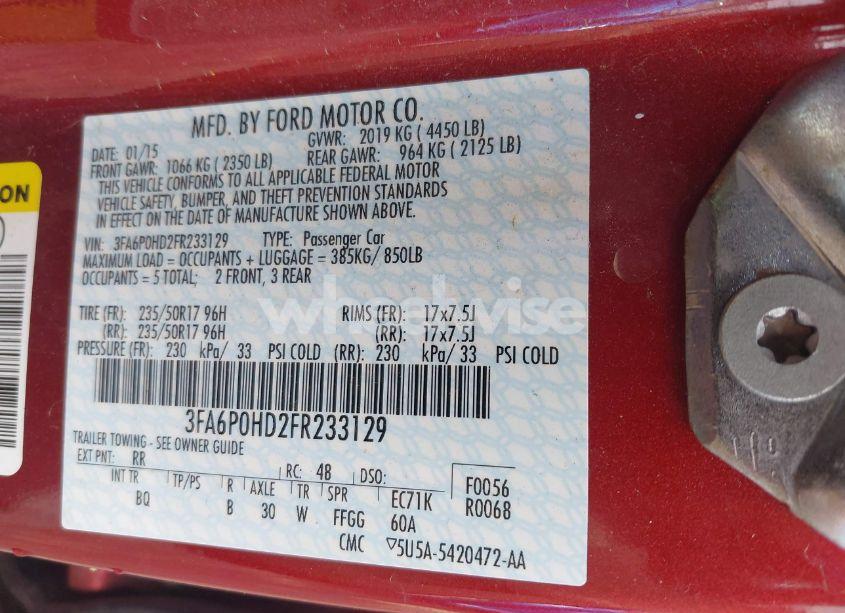 Photo 9 of 2015 Ford Fusion SE (VIN 3FA6P0HD2FR233129)