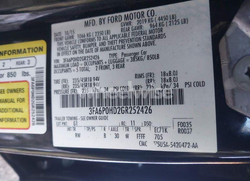 Photo 9 of 2016 Ford Fusion SE (VIN 3FA6P0HD2GR252426)