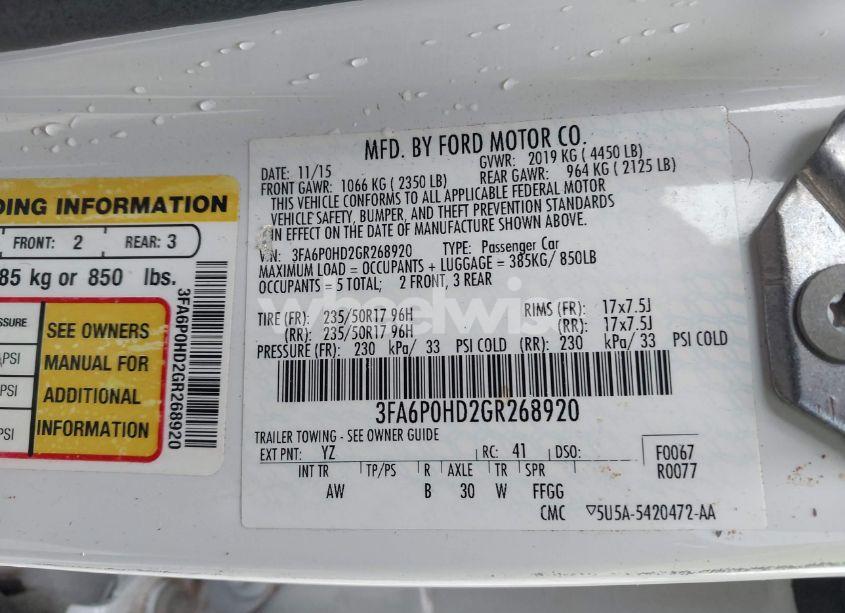 Photo 9 of 2016 Ford Fusion SE (VIN 3FA6P0HD2GR268920)