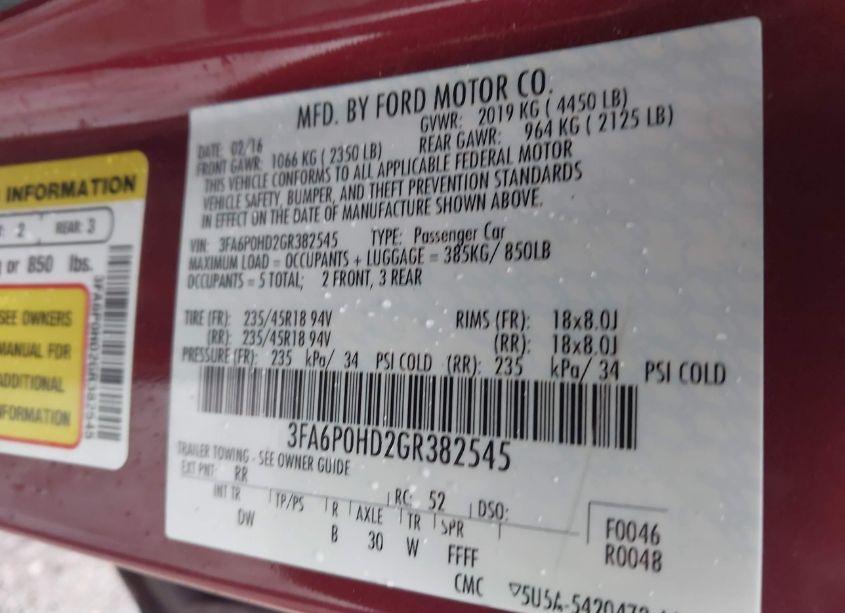 Photo 9 of 2016 Ford Fusion SE (VIN 3FA6P0HD2GR382545)