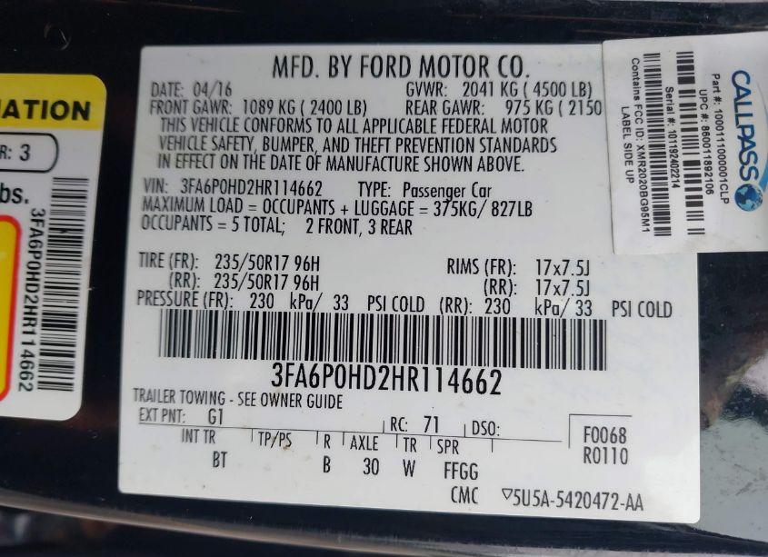 Photo 9 of 2017 Ford Fusion SE (VIN 3FA6P0HD2HR114662)