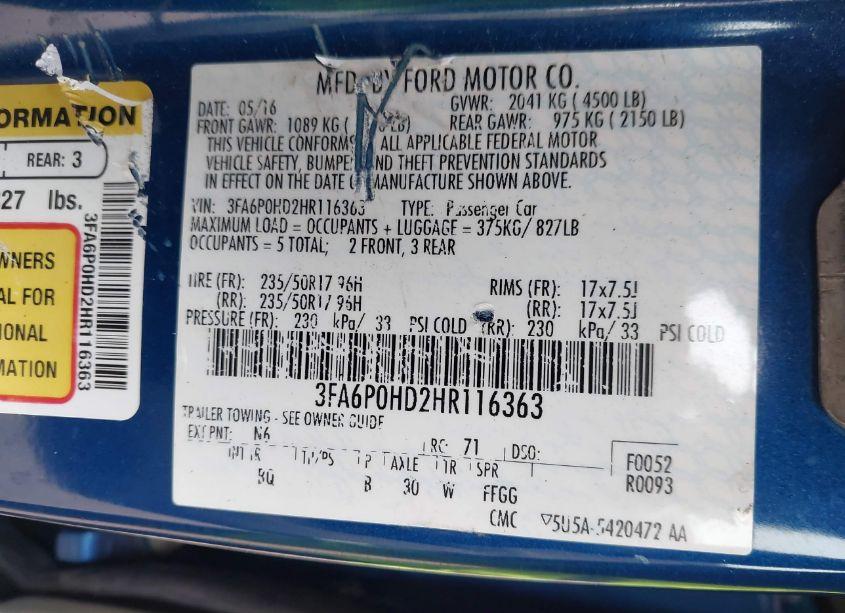 Photo 9 of 2017 Ford Fusion SE (VIN 3FA6P0HD2HR116363)