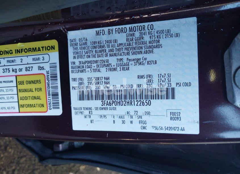 Photo 9 of 2017 Ford Fusion SE (VIN 3FA6P0HD2HR122650)