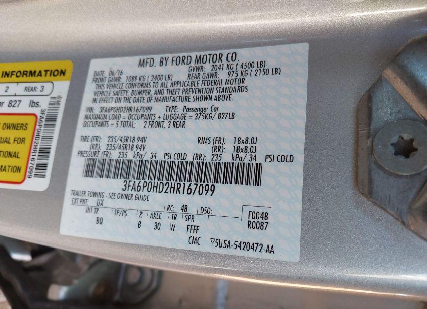 Photo 9 of 2017 Ford Fusion SE (VIN 3FA6P0HD2HR167099)