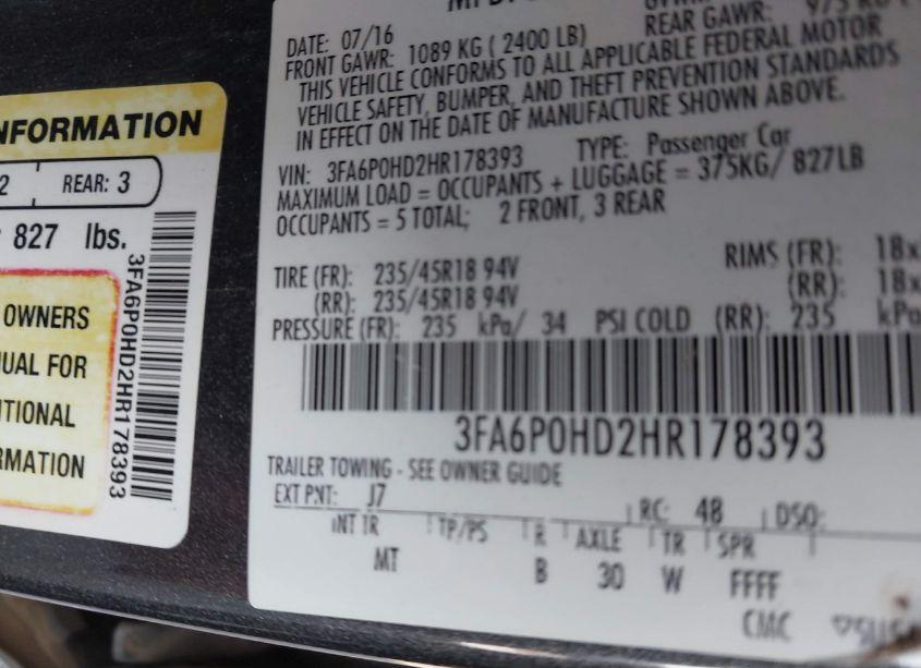 Photo 9 of 2017 Ford Fusion SE (VIN 3FA6P0HD2HR178393)