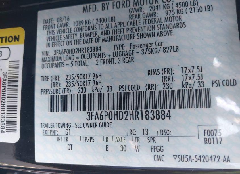 Photo 9 of 2017 Ford Fusion SE (VIN 3FA6P0HD2HR183884)