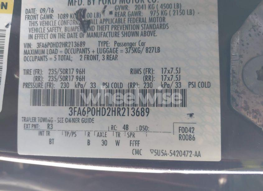 Photo 9 of 2017 Ford Fusion SE (VIN 3FA6P0HD2HR213689)