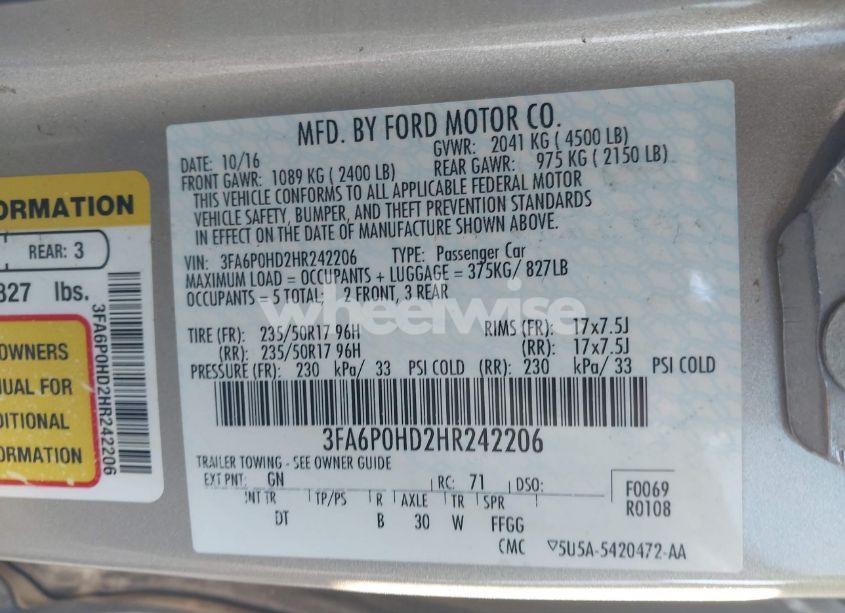 Photo 9 of 2017 Ford Fusion SE (VIN 3FA6P0HD2HR242206)