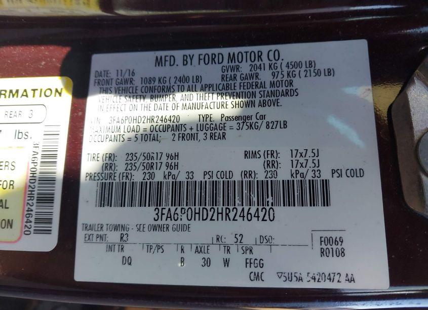 Photo 9 of 2017 Ford Fusion SE (VIN 3FA6P0HD2HR246420)