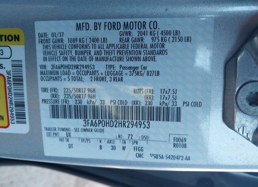 Photo 9 of 2017 Ford Fusion SE (VIN 3FA6P0HD2HR294953)