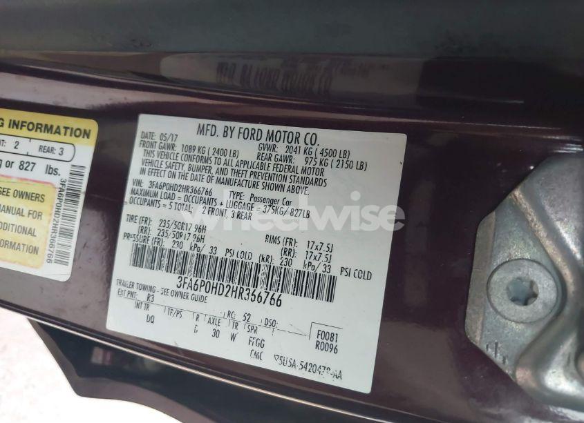 Photo 9 of 2017 Ford Fusion SE (VIN 3FA6P0HD2HR366766)