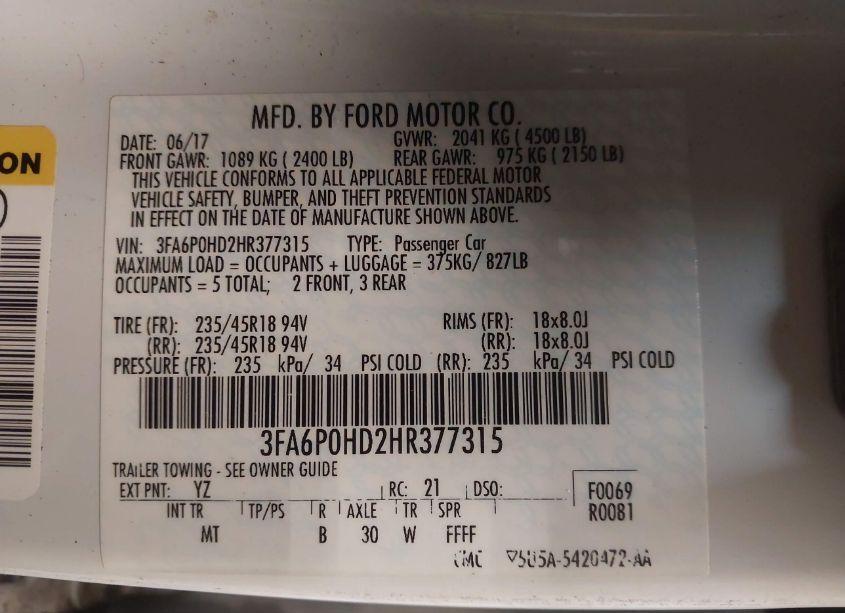 Photo 9 of 2017 Ford Fusion SE (VIN 3FA6P0HD2HR377315)