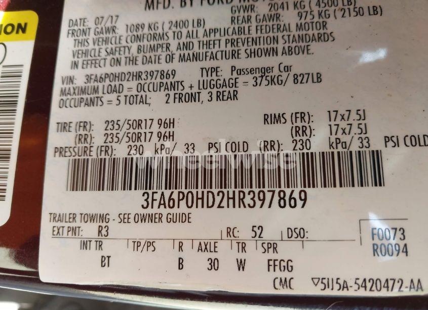 Photo 9 of 2017 Ford Fusion SE (VIN 3FA6P0HD2HR397869)