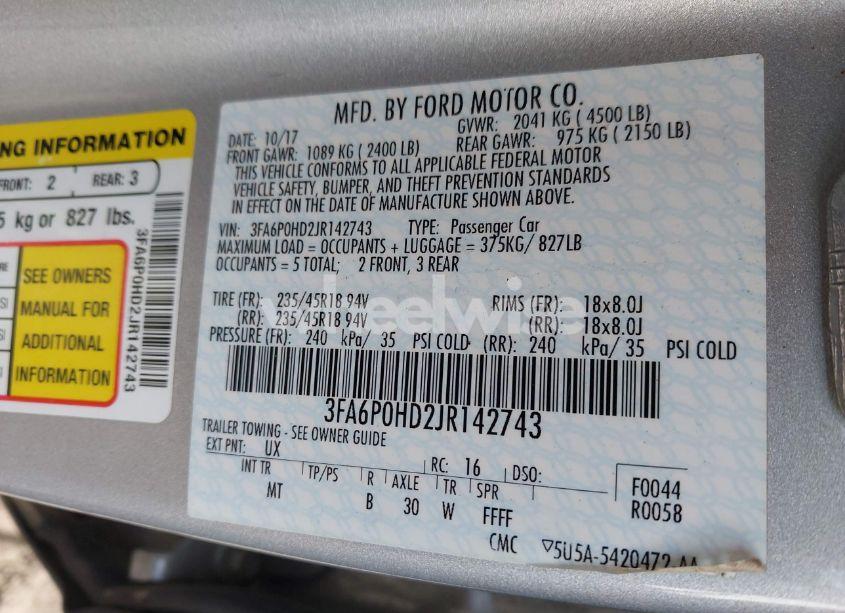 Photo 9 of 2018 Ford Fusion SE (VIN 3FA6P0HD2JR142743)