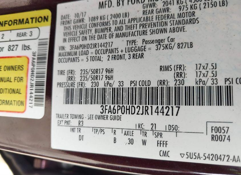 Photo 9 of 2018 Ford Fusion SE (VIN 3FA6P0HD2JR144217)