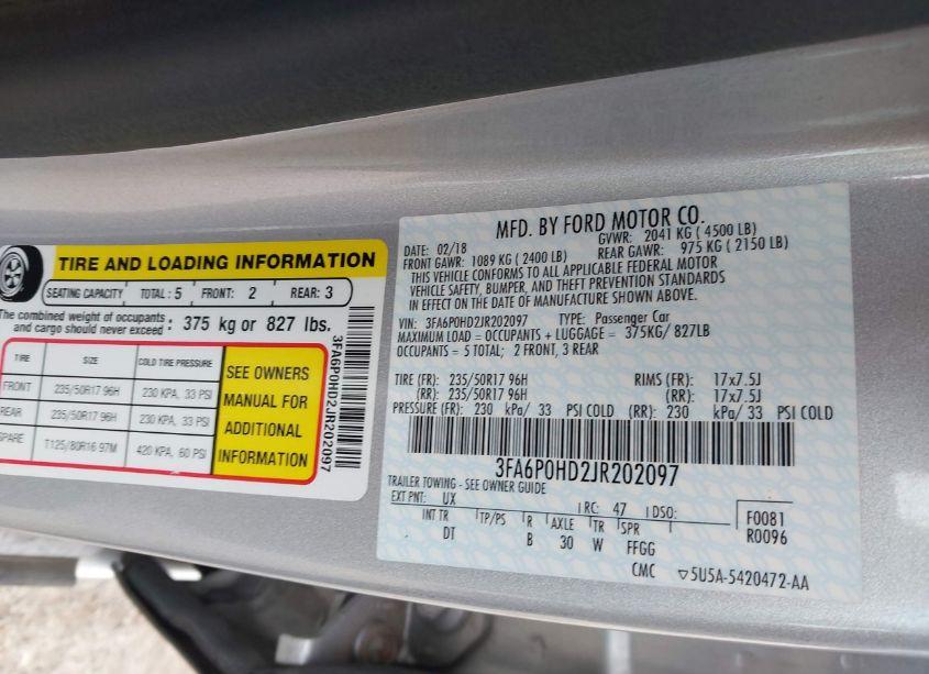 Photo 9 of 2018 Ford Fusion SE (VIN 3FA6P0HD2JR202097)