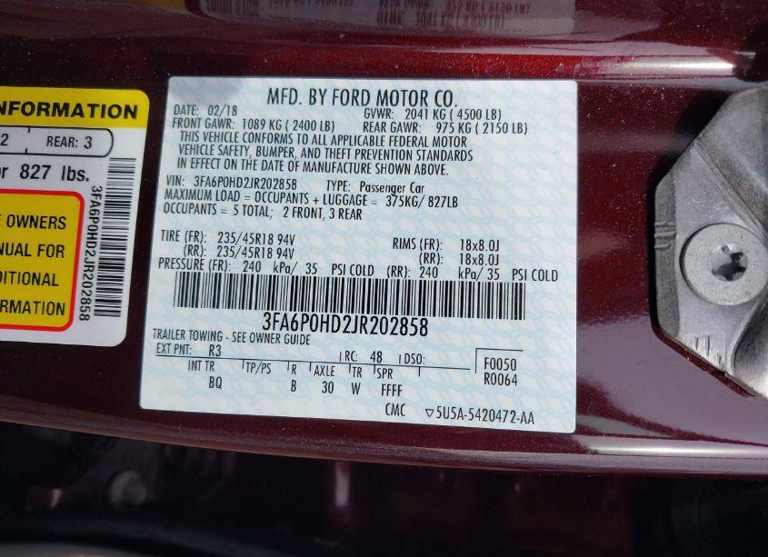 Photo 9 of 2018 Ford Fusion SE (VIN 3FA6P0HD2JR202858)