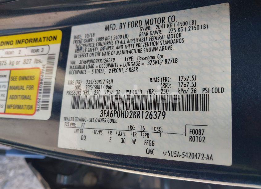 Photo 9 of 2019 Ford Fusion SE (VIN 3FA6P0HD2KR126379)