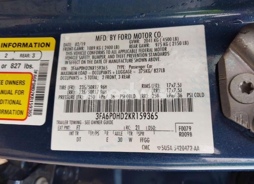 Photo 9 of 2019 Ford Fusion SE (VIN 3FA6P0HD2KR159365)