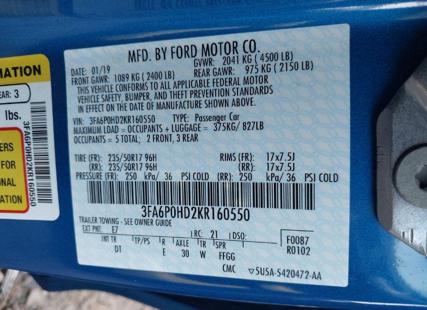 Photo 9 of 2019 Ford Fusion SE (VIN 3FA6P0HD2KR160550)