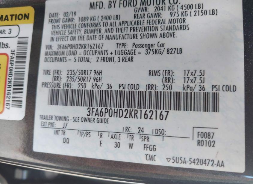 Photo 9 of 2019 Ford Fusion SE (VIN 3FA6P0HD2KR162167)