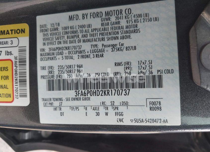 Photo 9 of 2019 Ford Fusion SE (VIN 3FA6P0HD2KR170737)