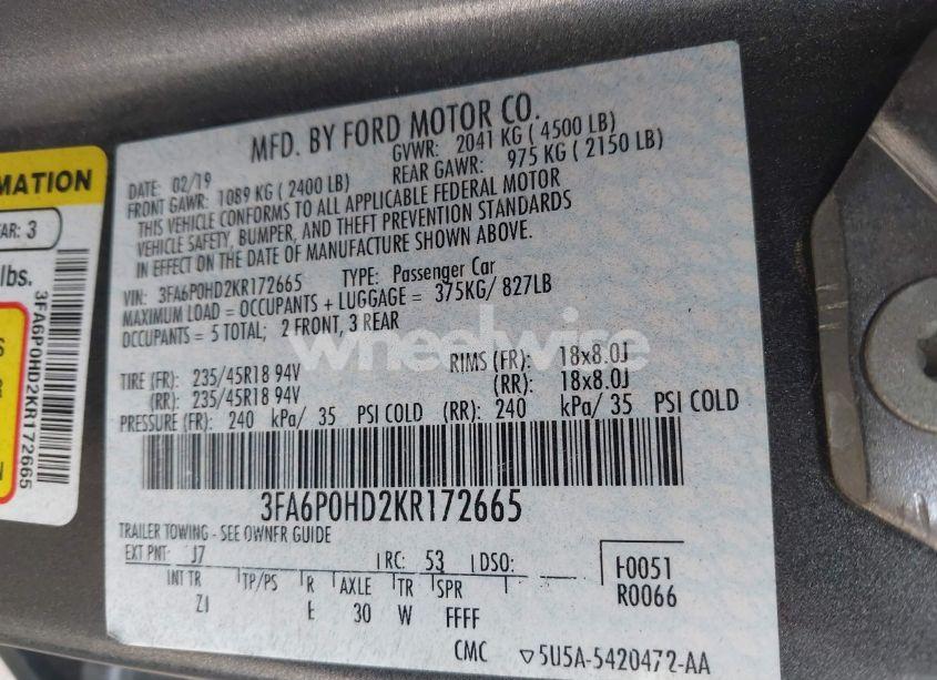Photo 9 of 2019 Ford Fusion SE (VIN 3FA6P0HD2KR172665)