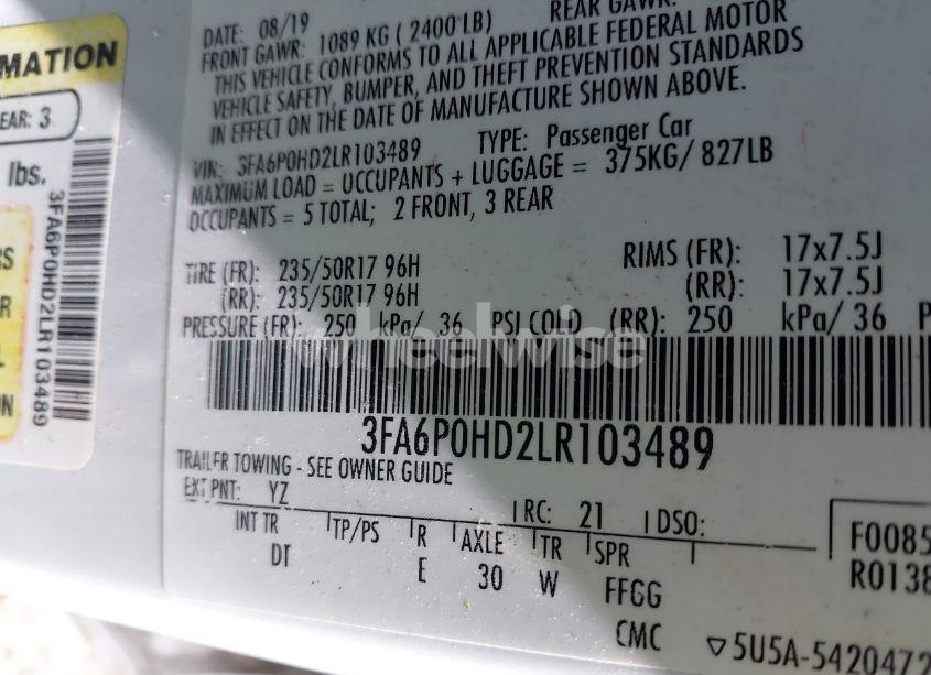 Photo 9 of 2020 Ford Fusion SE (VIN 3FA6P0HD2LR103489)