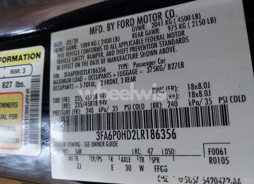 Photo 9 of 2020 Ford Fusion SE (VIN 3FA6P0HD2LR186356)