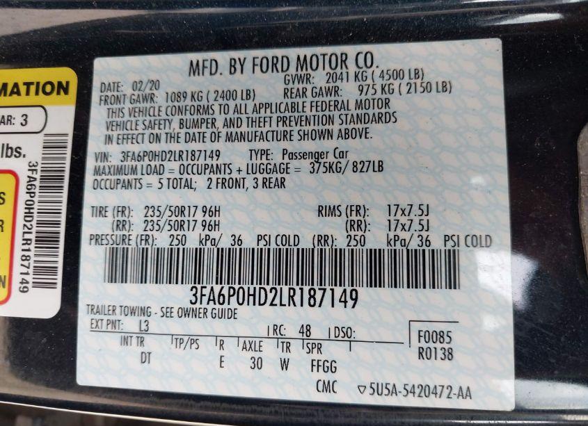 Photo 9 of 2020 Ford Fusion SE (VIN 3FA6P0HD2LR187149)
