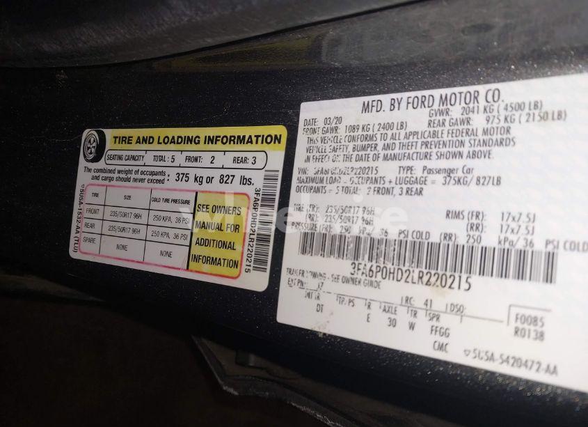 Photo 9 of 2020 Ford Fusion SE (VIN 3FA6P0HD2LR220215)