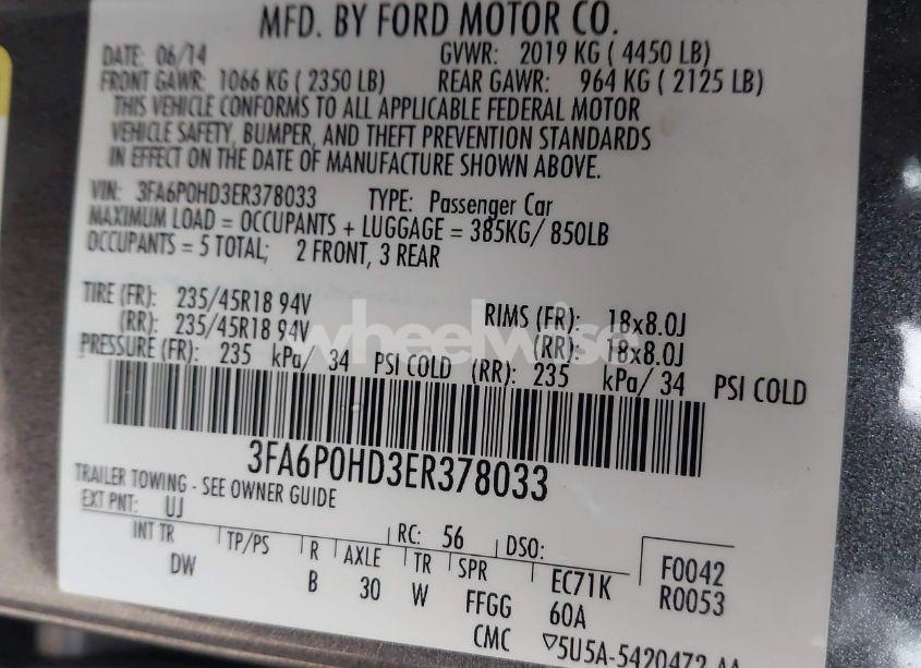 Photo 9 of 2014 Ford Fusion SE (VIN 3FA6P0HD3ER378033)