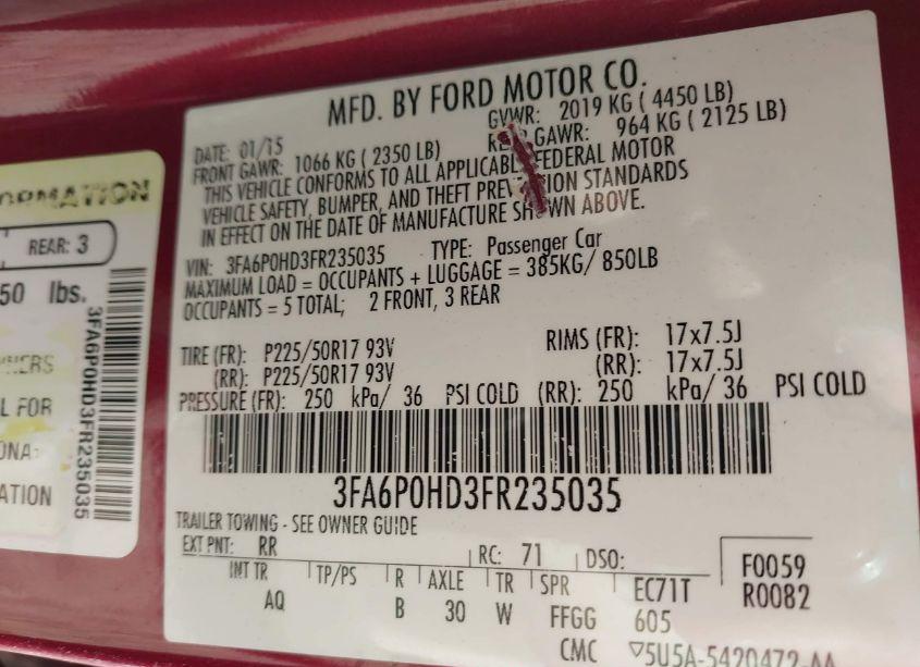 Photo 9 of 2015 Ford Fusion SE (VIN 3FA6P0HD3FR235035)