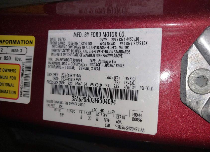 Photo 9 of 2015 Ford Fusion SE (VIN 3FA6P0HD3FR304094)