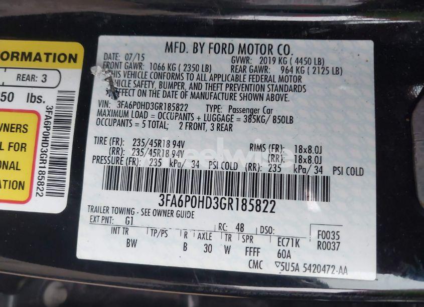 Photo 9 of 2016 Ford Fusion SE (VIN 3FA6P0HD3GR185822)