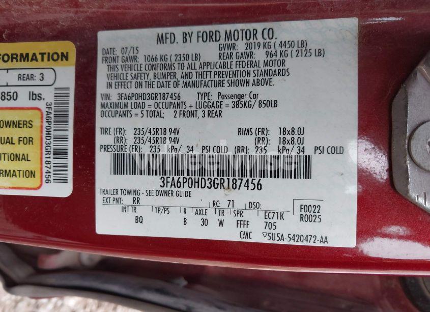 Photo 9 of 2016 Ford Fusion SE (VIN 3FA6P0HD3GR187456)