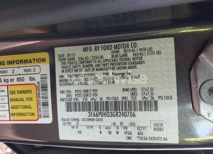 Photo 9 of 2016 Ford Fusion SE (VIN 3FA6P0HD3GR240706)