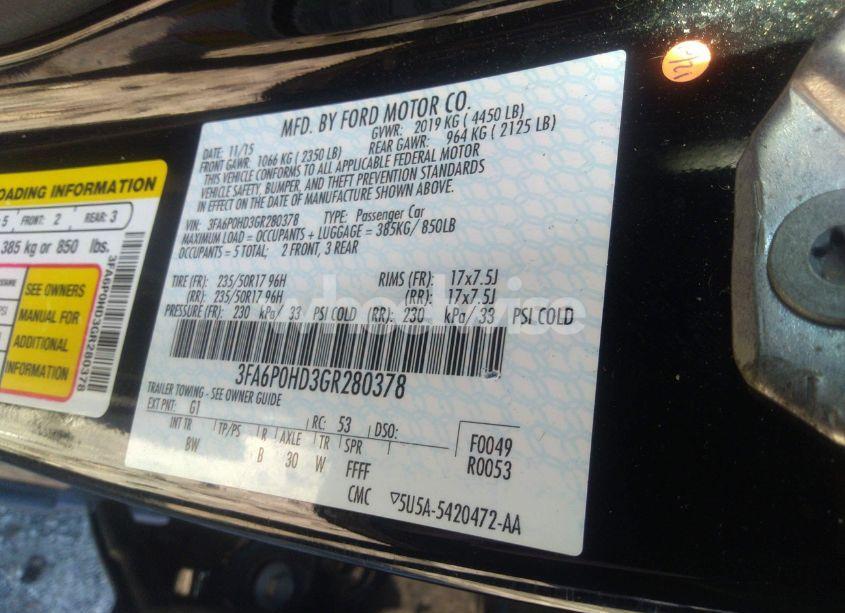 Photo 9 of 2016 Ford Fusion SE (VIN 3FA6P0HD3GR280378)