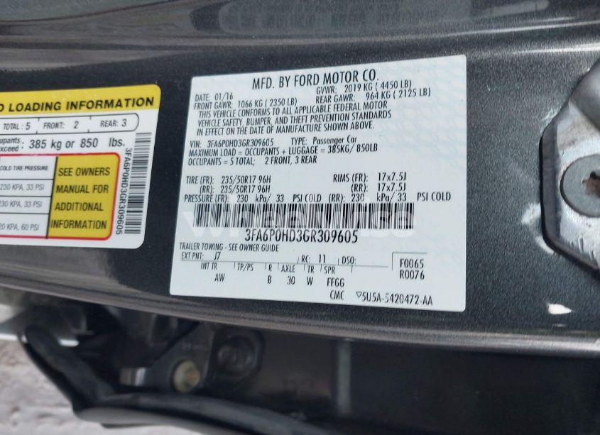 Photo 9 of 2016 Ford Fusion SE (VIN 3FA6P0HD3GR309605)