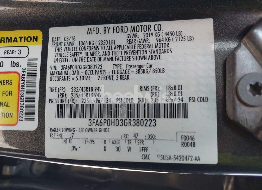 Photo 9 of 2016 Ford Fusion SE (VIN 3FA6P0HD3GR380223)