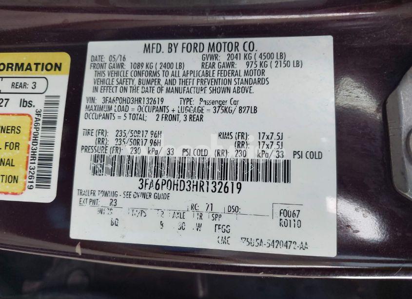 Photo 9 of 2017 Ford Fusion SE (VIN 3FA6P0HD3HR132619)