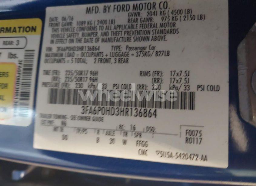 Photo 9 of 2017 Ford Fusion SE (VIN 3FA6P0HD3HR136864)